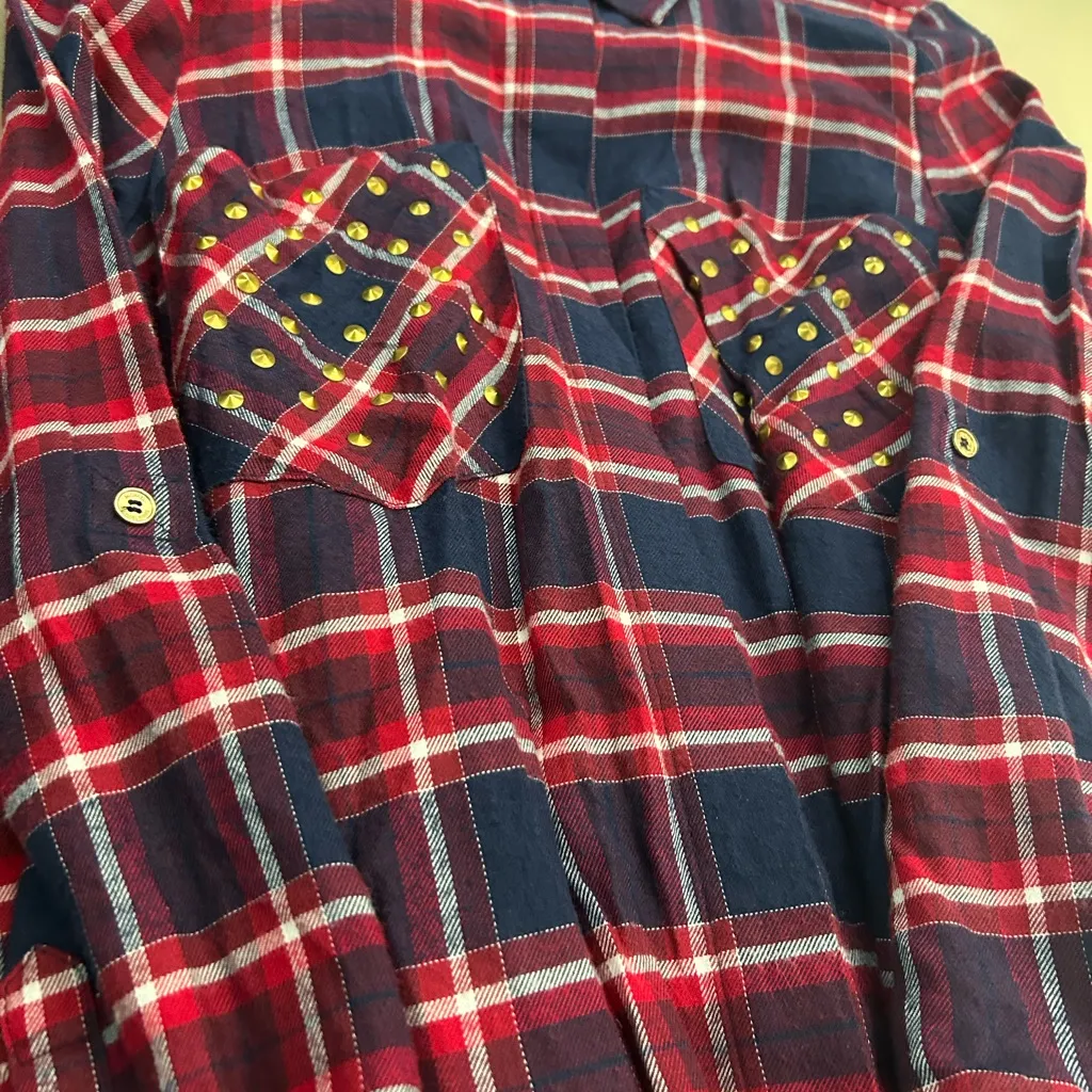 Michael Kors Navy and Red Plaid Shirt Dress with Studded Pockets-Small excellent - Image 10