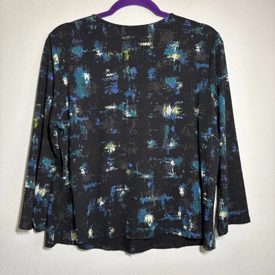 J. Jill Women's LG Petite Abstract Open Front Cardigan 3/4 Sleeve Office Casual‎ Blue - Image 3