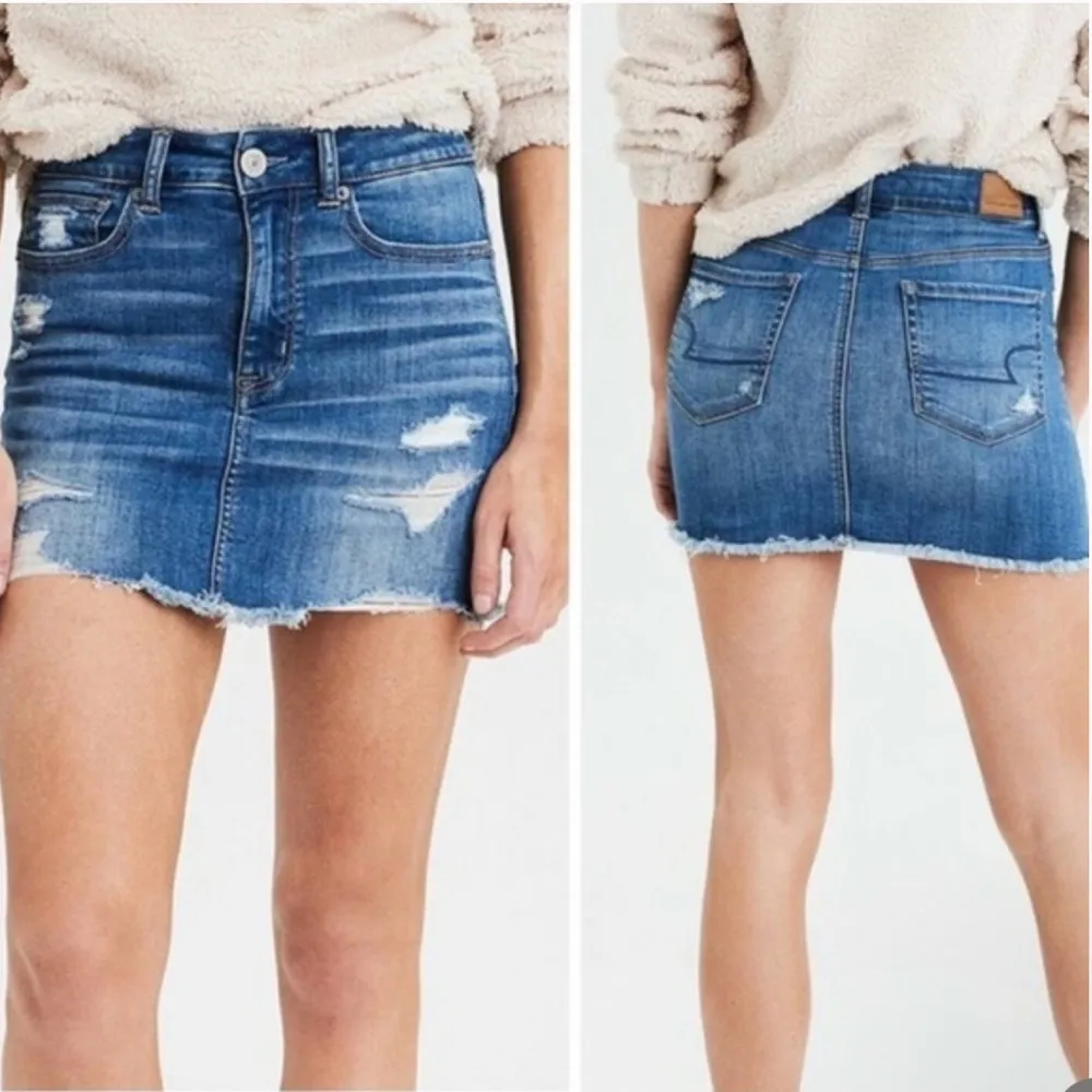 American Eagle Super Stretch Distressed High Waisted Denim Mini Skirt  4 Short - Image 13