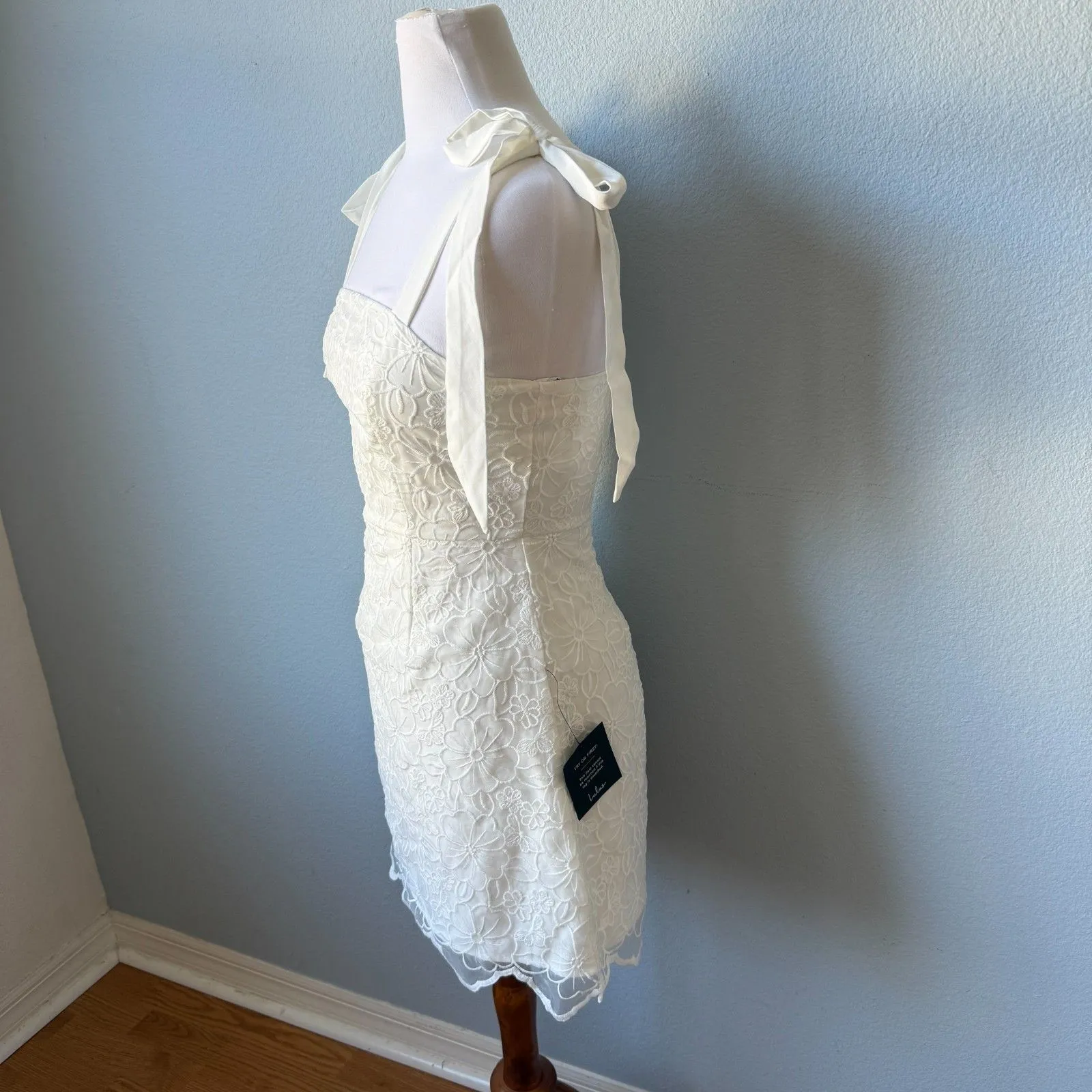 Lulus Lovable Aesthetic White Embroidered Tie-Strap Mini Dress Size Small - Image 9
