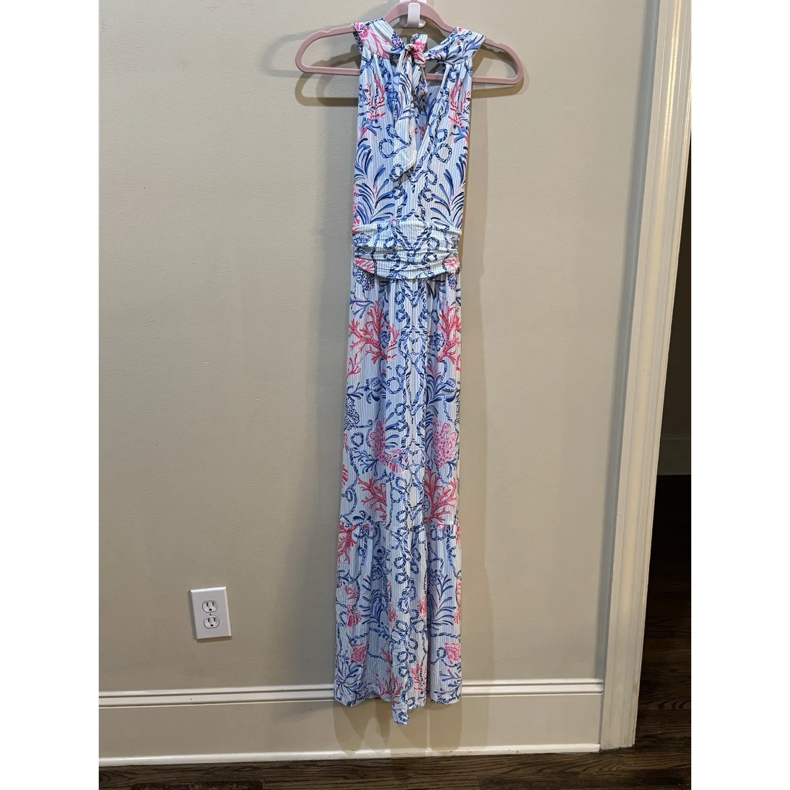 LILLY PULITZER $238 Montecito Padded Coral Striped Maxi Halter Dress Size XS - Image 4