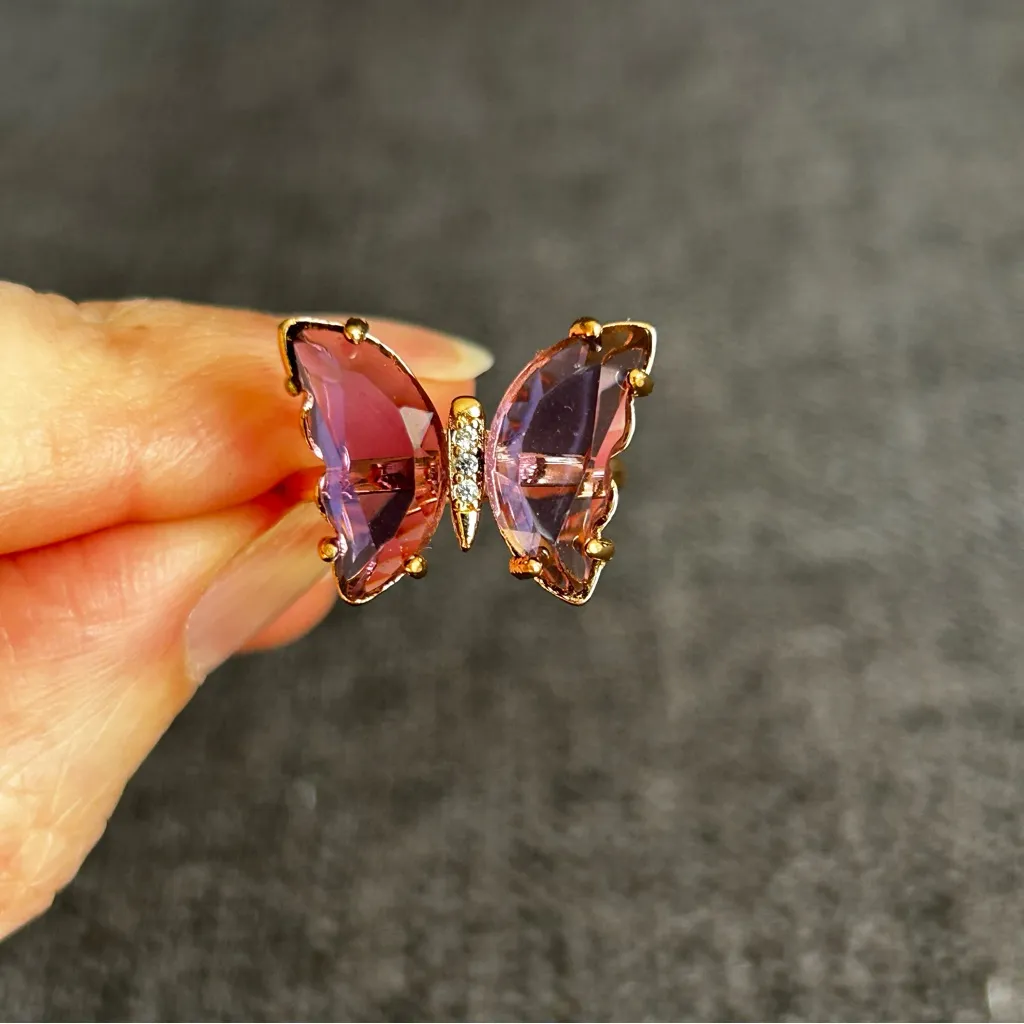 Pretty DARK PURPLE Butterfly Gemstone Fashion Ring, Gold, Adjustable (Fits Most) - Image 2