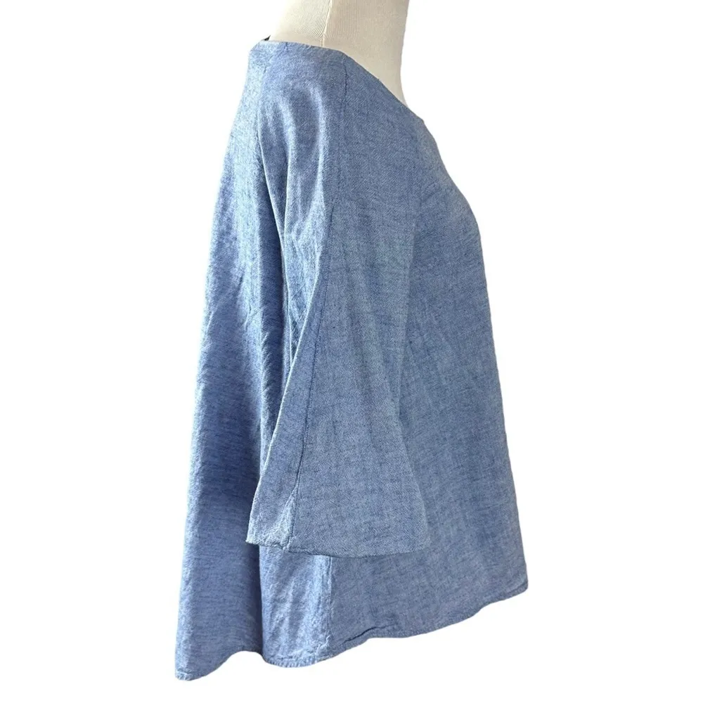 Zara Coastal Boatneck 3/4 Sleeve Bubble Bell Sleeve Blue Cotton Linen Top XS - Image 4