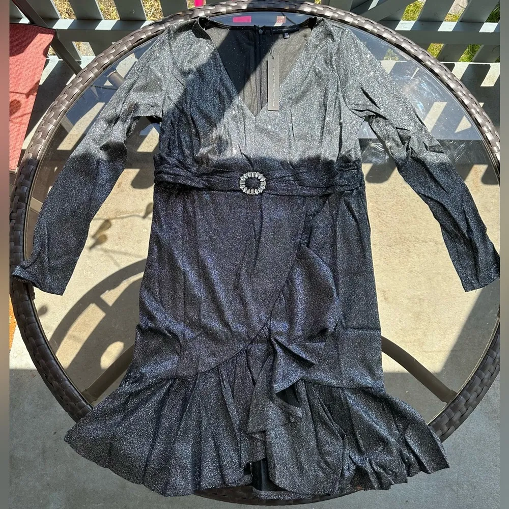 Symphony Shimmer Belted Asymmetrical Flare Hem V-neck Dress Black/Silver Size 2X - Image 5