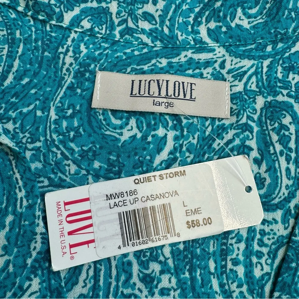 Lucy Love Women's Tunic Length Paisley Blouse Teal Turquoise White L LG Large - Image 9