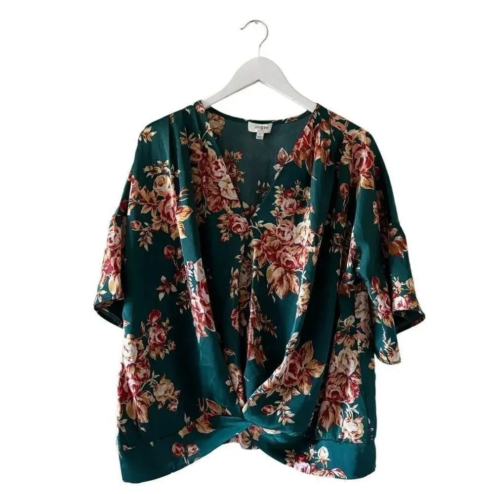 Umgee Satin Floral Print Bell Sleeve V-Neck Top in Emerald crisscross SZ L - Image 3