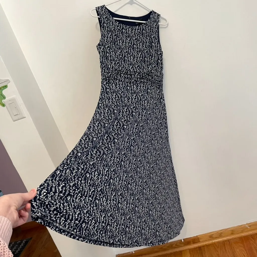 JESSICA HOWARD Ruched A-Line Dress Navy Blue White Floral Sleeveless Midi Office - Image 10