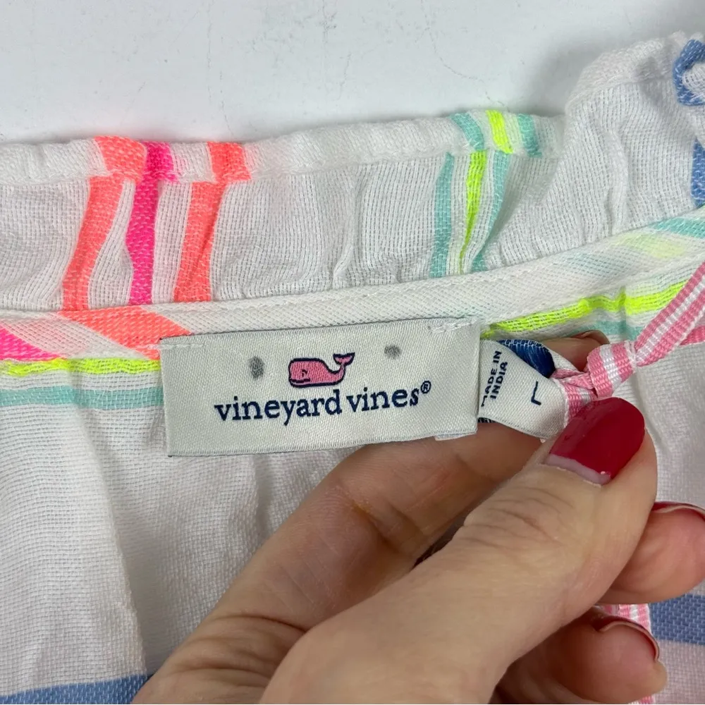 New Vineyard Vines Guava Multi Stripe Ruffle Popover Blouse Shirt White Large - Image 11