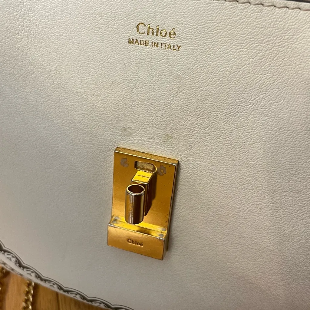 Chloe White Marcie Crossbody Saddle Bag with elegant black embossing RARE EUC - Image 9