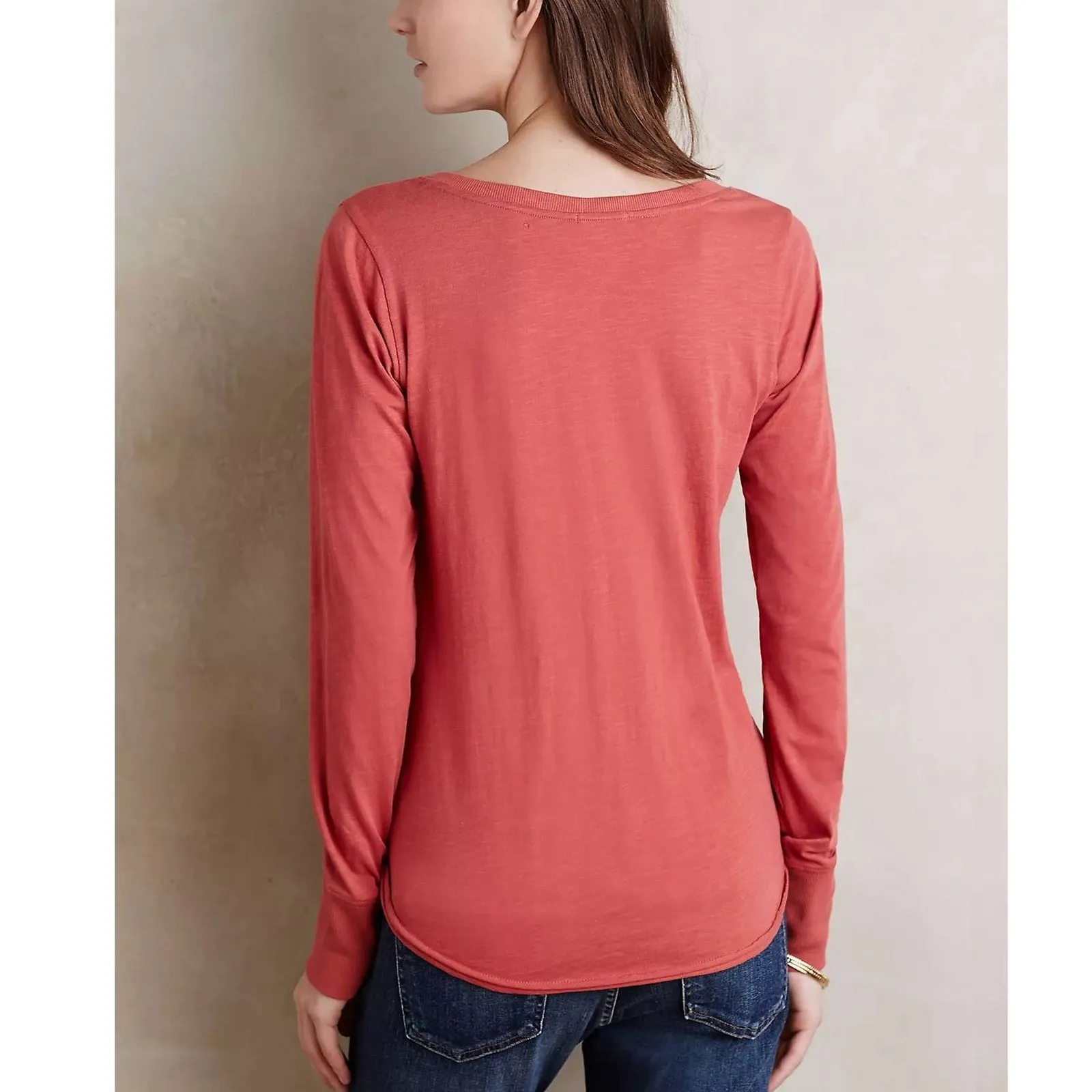Little Yellow Button Cora Notch Neck Long Sleeve Tee Womens XS Coral Boho Hippie Red - Image 2