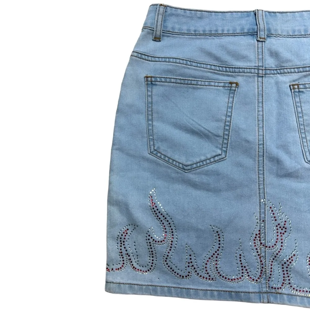 Superdown Revolve Rhinestone Flame Denim Mini Skirt US S - Image 5