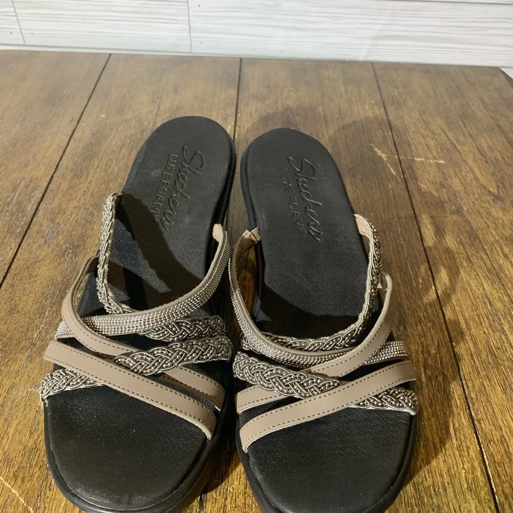 Skechers Sz 10 Womens Luxe Foam Bling Black Strappy Sandals Shoes - Image 3