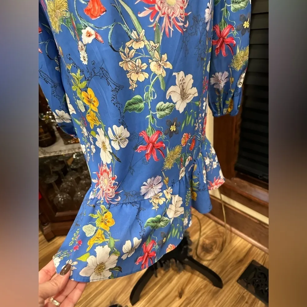 Parker Blue Flower Bohemian Mini Dress Long Puff Sleeve M - Image 7