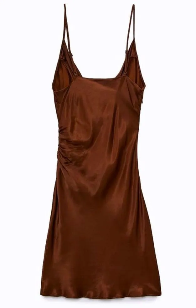 Zara SATIN MINI V-NECK DRESS WITH SIDE RUCHING BROWN SIZE XL NEW - Image 8