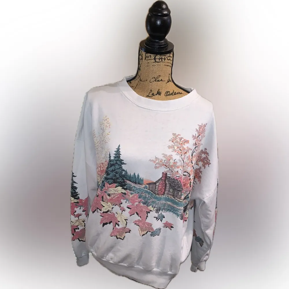 Vintage 90s Baggy Oversized Scenic Autumn Fall Foliage Cabin Print Sweatshirt White Size M - Image 2