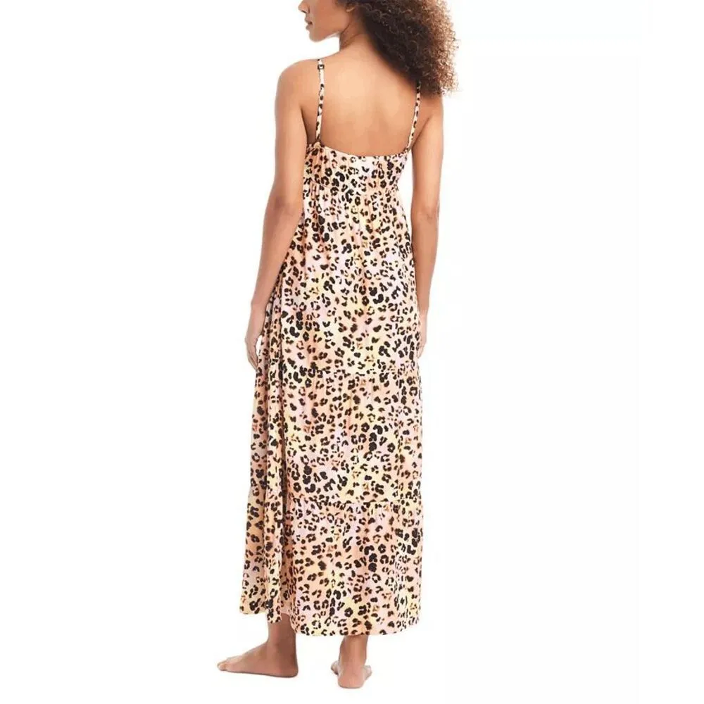 Bar III Plunge Cut Pink Yellow Cheetah Print Swim Cover-Up Maxi Dress Large NWT - Image 2