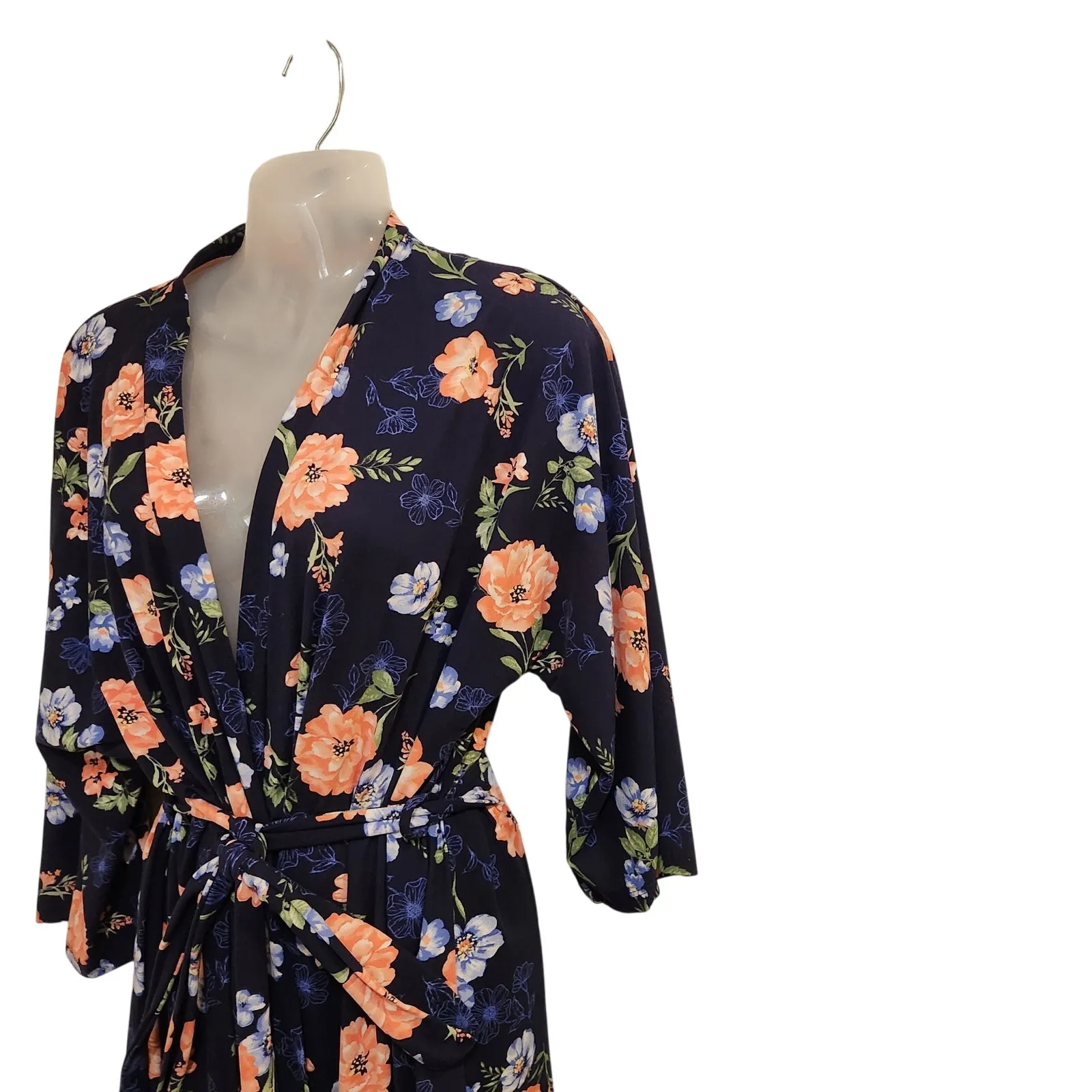 Laura Ashley Navy Blue Floral Sleepwear Belted Robe Mid Length Relaxed Size XL - Image 3