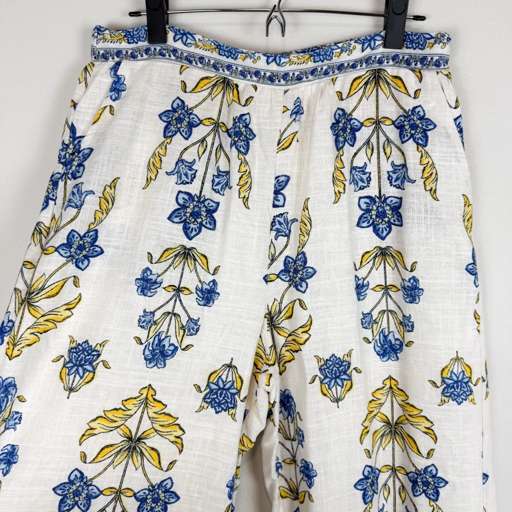 Draper James Linen Blend Wide Leg Printed Pants Blue Yellow Floral Size Medium - Image 4
