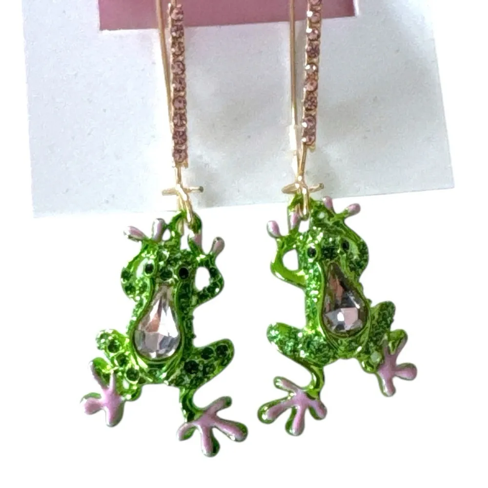 Betsey Johnson Dangling Frog Earrings Green Gold - Image 6