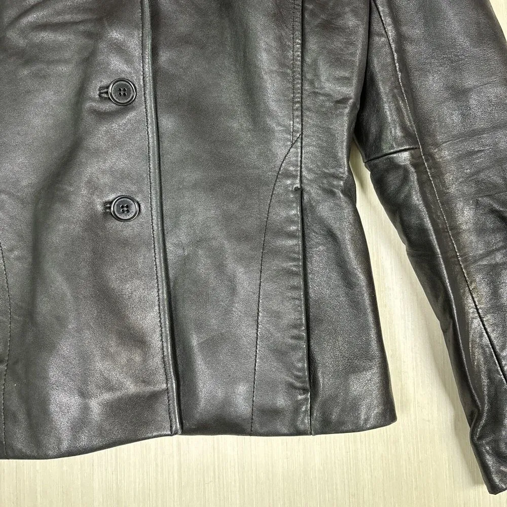 Vtg Reaction Womens‎ Leather Coat Sz S Black Soft Jacket Button Up 90s Matrix - Image 3