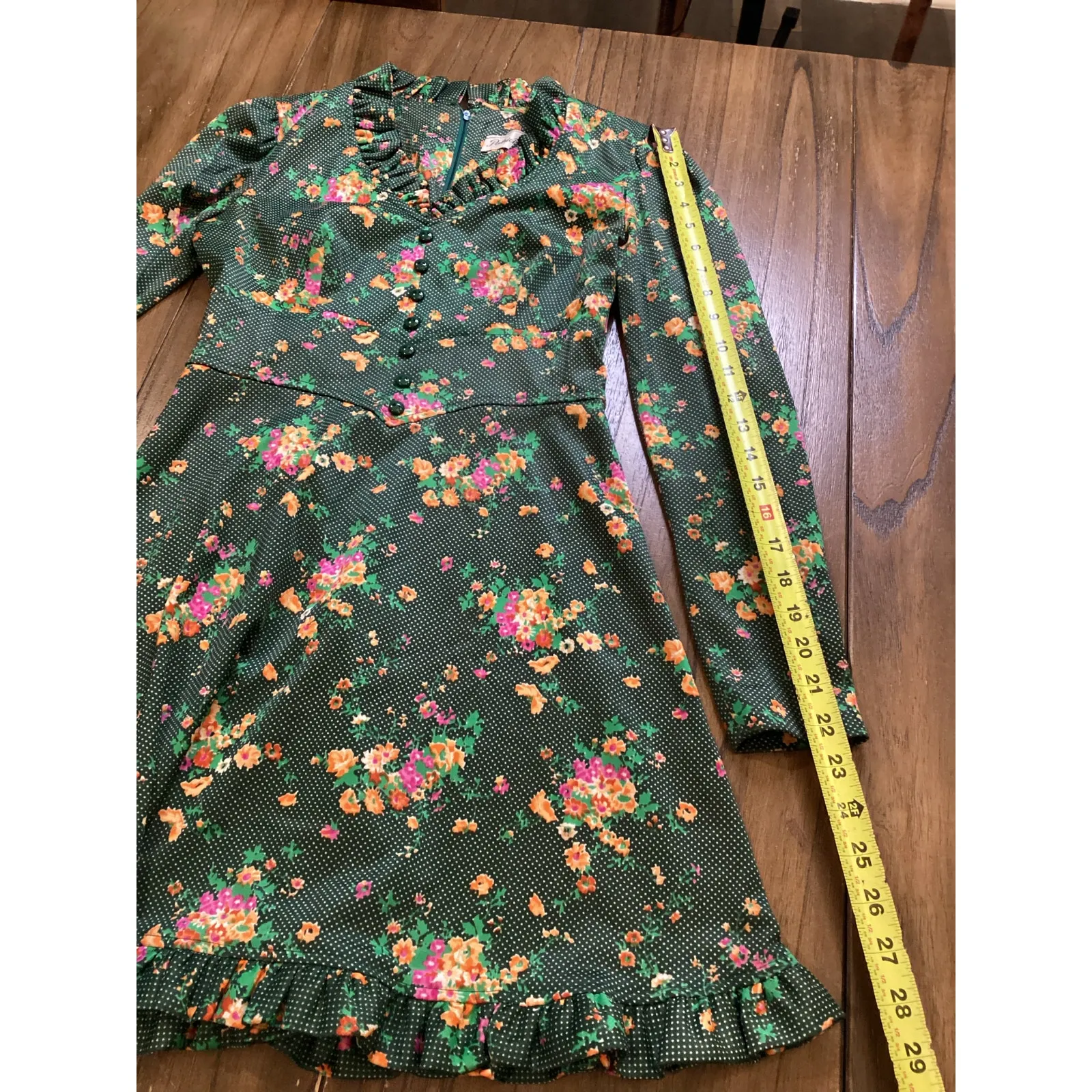 Vintage 60s Patricia Fair Mod Flower Power GoGo 70s flare paneled Mini Dress 7 S Green Size XS - Image 9