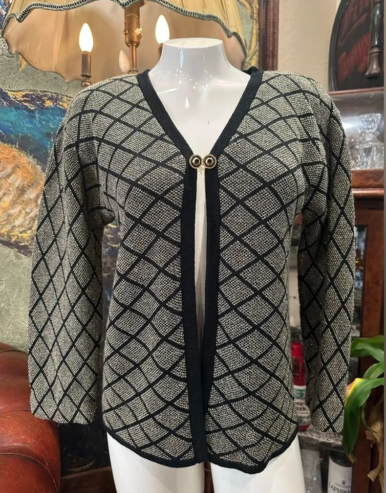 SAN REMO BY LAURA KNIT Black and GOLD one button Cardigan w Diamond Pattern Size XL - Image 1