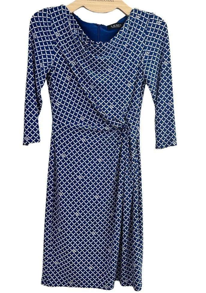 NEW RALPH LAUREN BLACK LABEL BLUE WHITE DRESS ROUND DRAPE NECK 3/4 SLEEVE DRESS - Image 2