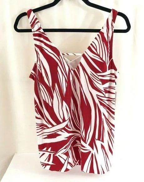 Dreamsuit by Miracle Brands Tankini Top Palm Leaf Print V Neck Red White Size 10 - Image 1
