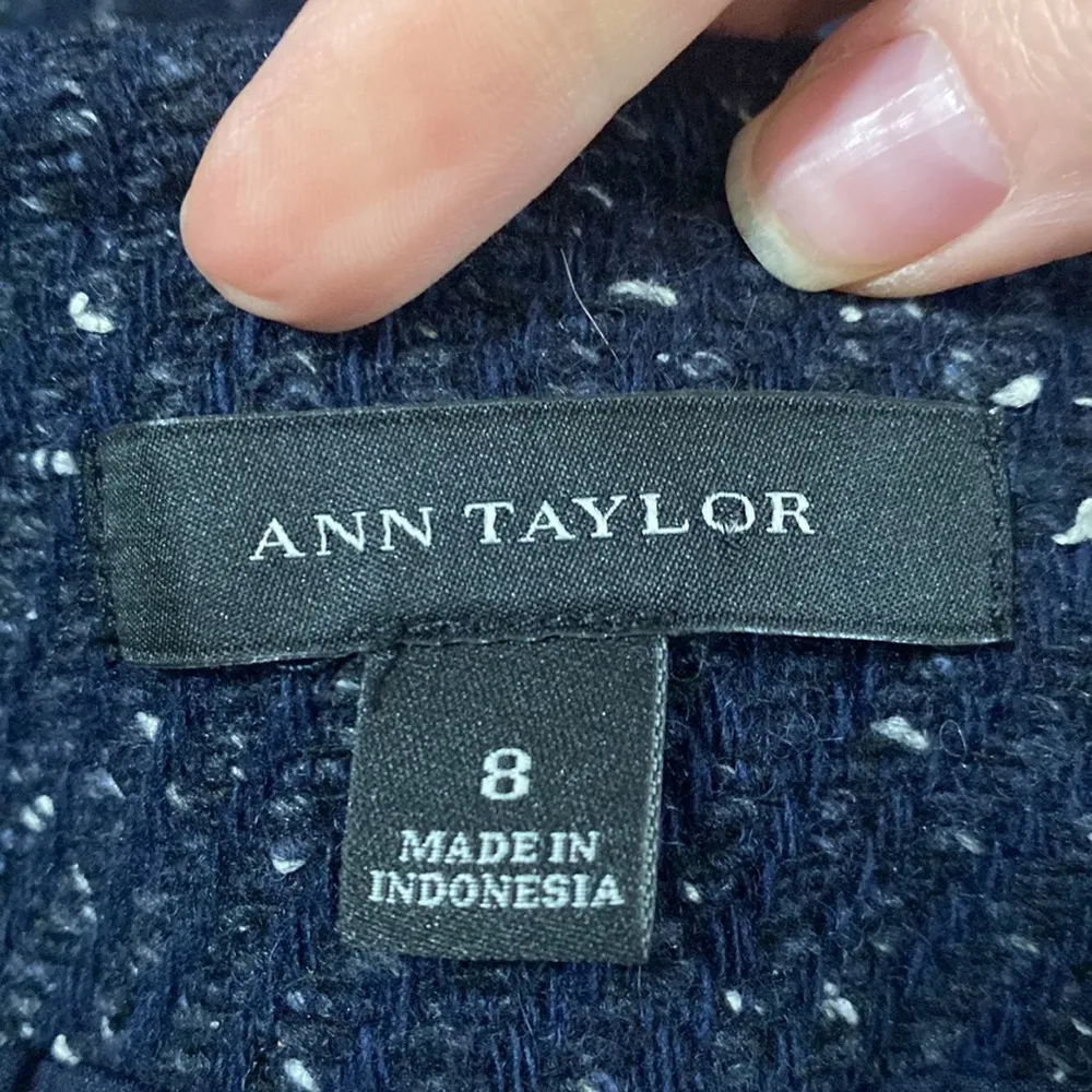 Ann Taylor navy tweed asymmetrical zip wool blend blazer faux leather trim sz 8 - Image 11