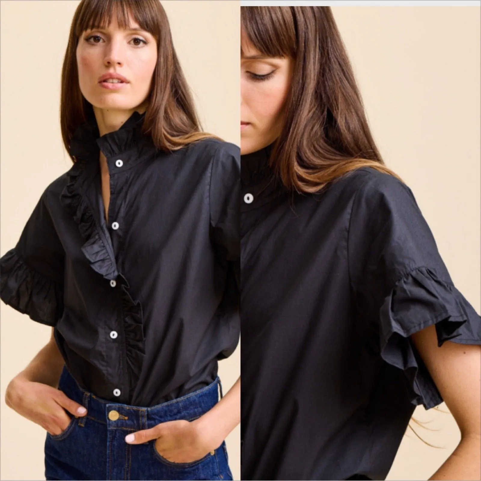 Mille Vanessa Ruffle Top Size XS Black Cotton Button Up - Image 3