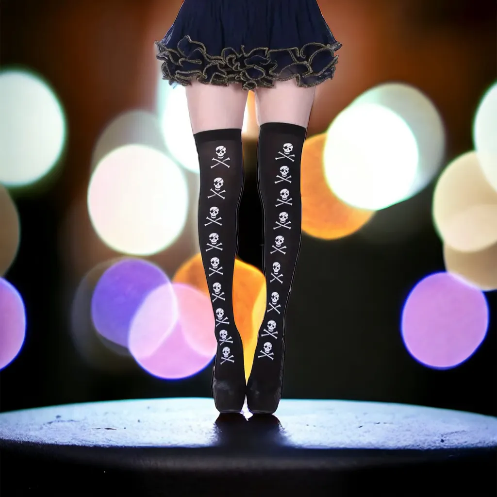 Skull Print Thigh High Socks, Cosplay Over‎ The Knee Socks
One Size Black - Image 6