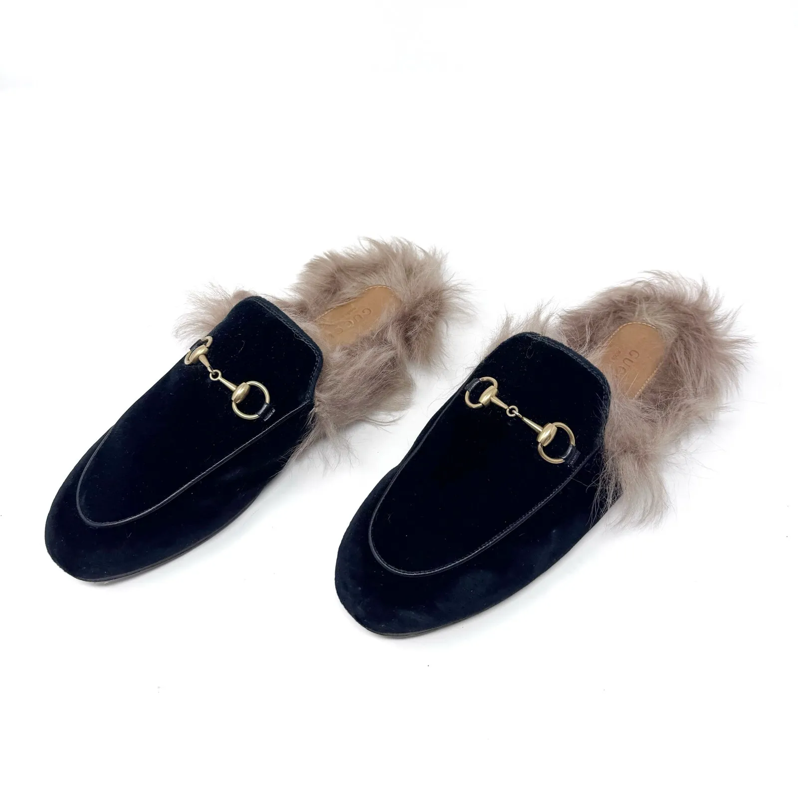 GUCCI Black Velevt Fur Lined Princetown Loafers Mules Horsebit Size EU 37 US 7 - Image 5