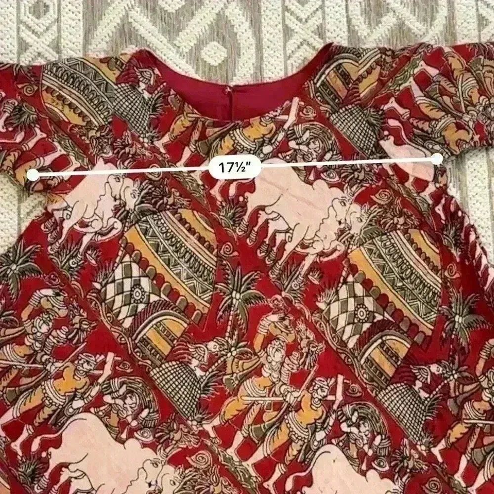 Indian Women Red Cow Floral Printed Round Neck Kurta Kurti Top Tunic Dress Small - Image 4