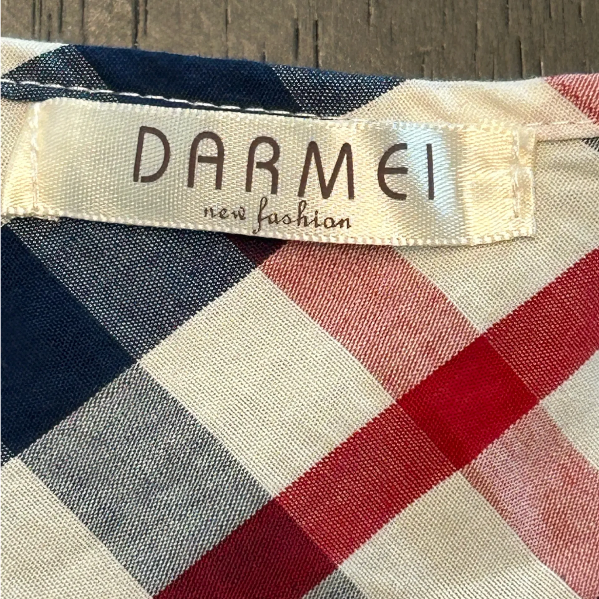 Country chic cottagecore red white blue plaid tunic with tie & ruffle detail L Size L - Image 6