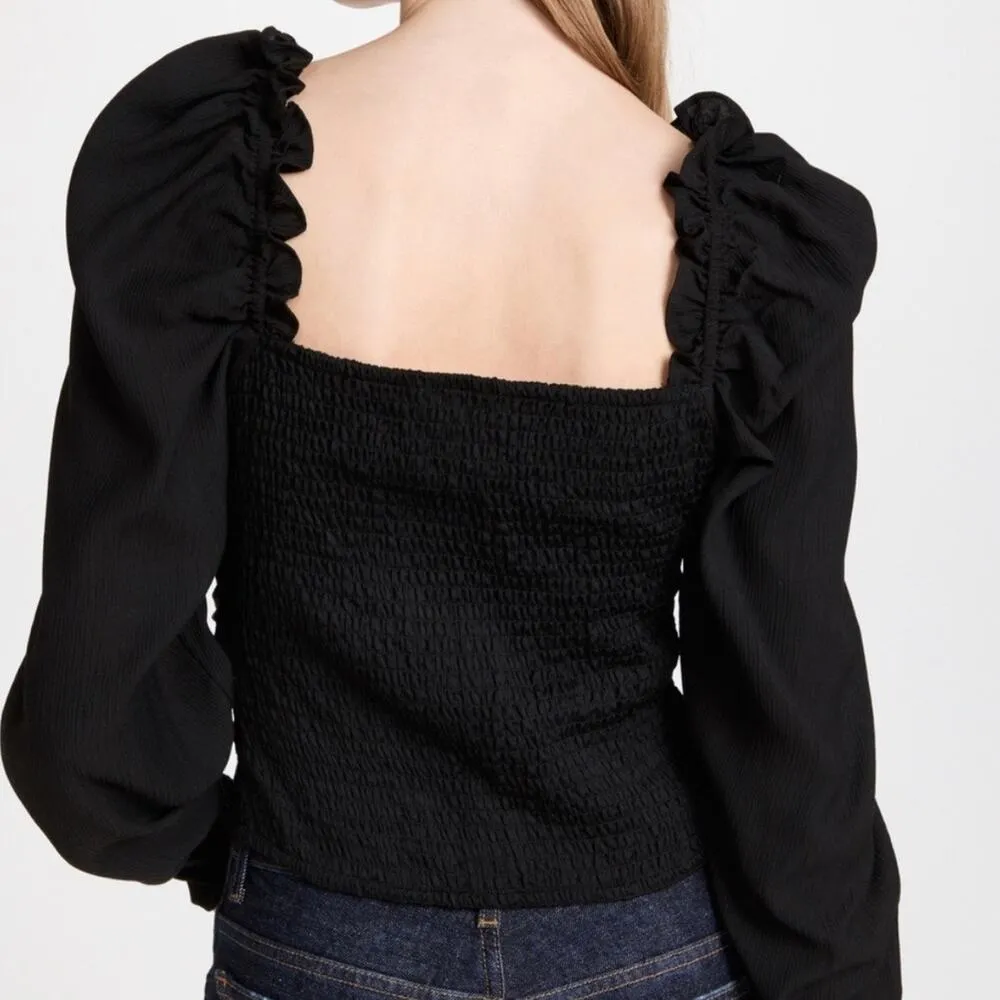 ASTR the Label Ruched Smocked Back Long Sleeve Top Ruffle Solid Black Classy S - Image 2