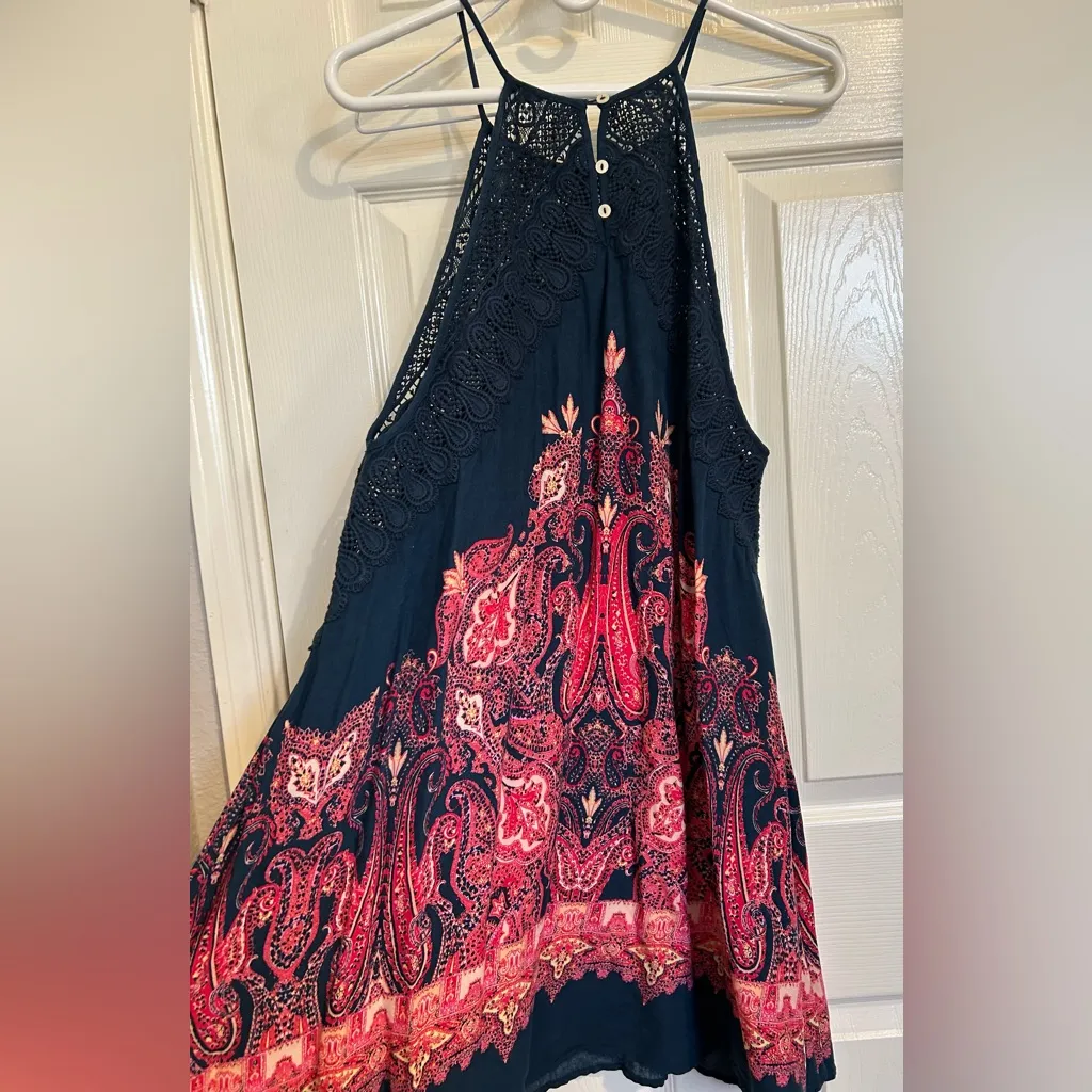 Free people intimately Navy Pink Shea Crochet Halter Mini Dress sz L coverup - Image 6