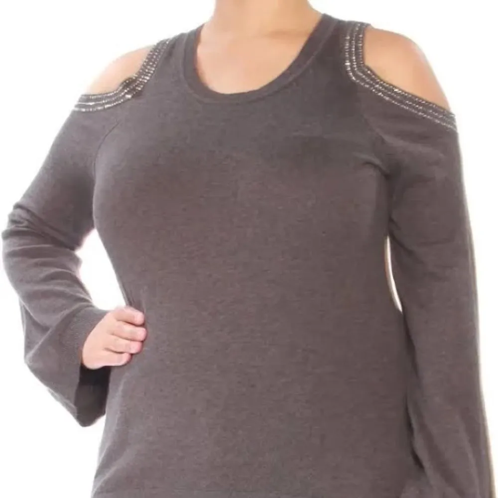 Michael Kors dark gray bell sleeve cold shoulder rhinestone sweater, M, NWT - Image 9