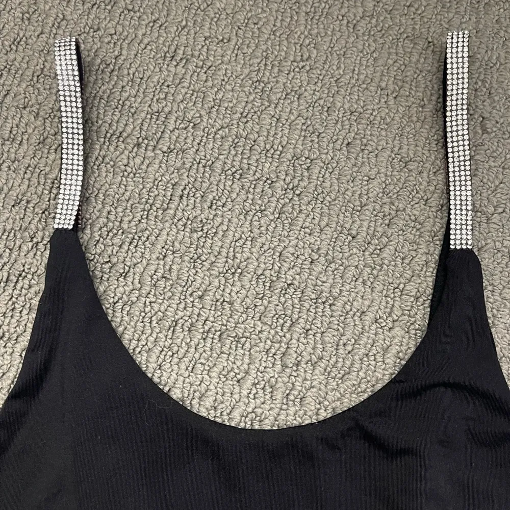 💙Black Bodysuit with Rhinestone Straps, Medium Black - Image 2