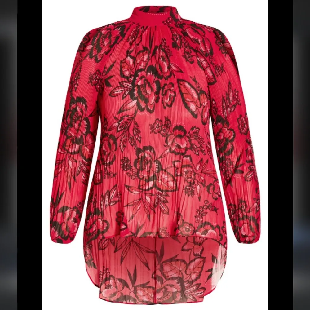 City Chic NWT Plus 18 2X Red Floral Cold Shoulder Top Shirt Blouse High Low Goth - Image 2