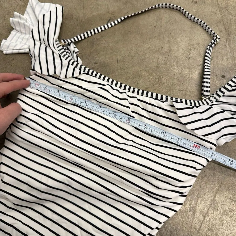 Vince Camuto Off the Shoulder black and white one piece striped swimsuit - Image 4