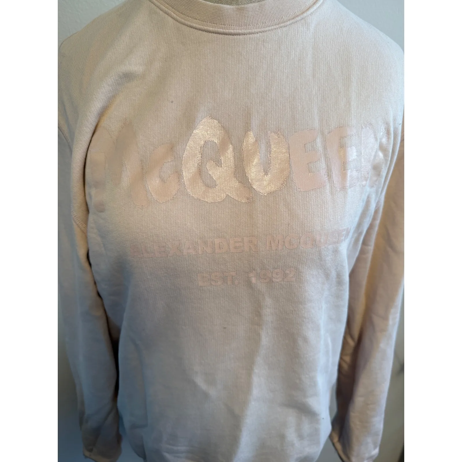 Alexander McQueen Womens Crewneck Sweatshirt Beige Logo‎ Est. 1992 Cotton Top - Image 3