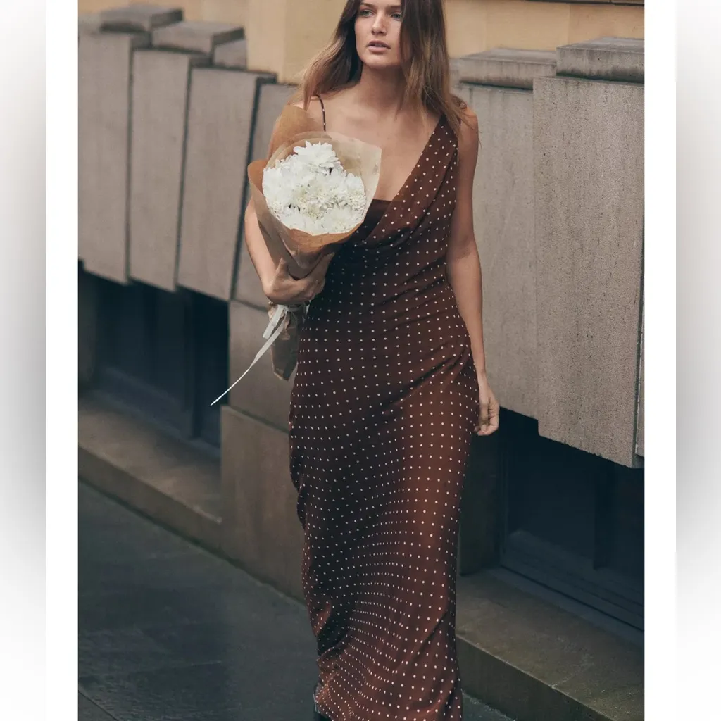 Zara NWT brown polka dot asymmetrical cowl draped detail midi maxi dress - Image 4