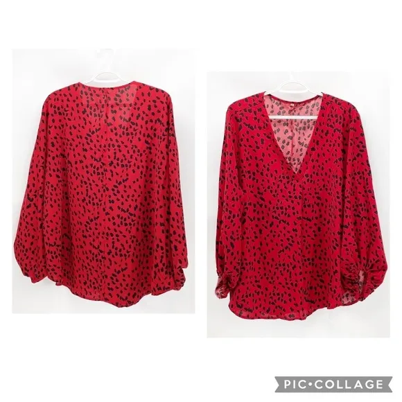 No Brand red black balloon sleeve animal print top date night party girls night Size 3X - Image 2
