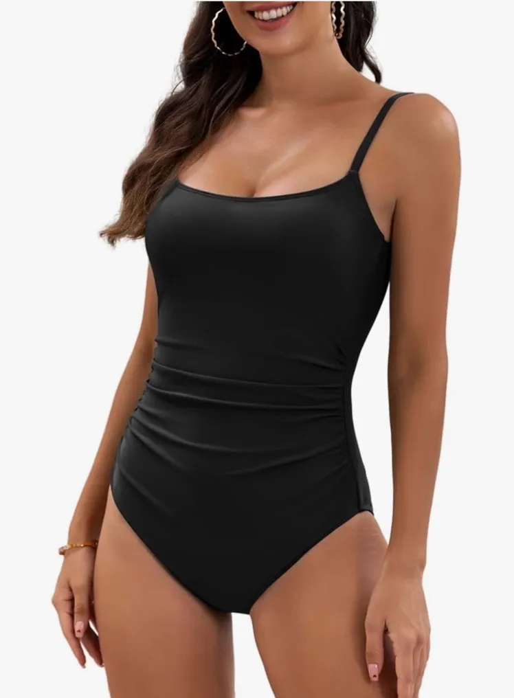 NEW 1 Pc Swimsuit Bathing Suit 1 Piece Swimwear Tummy Control Ruched Small Black - Image 1