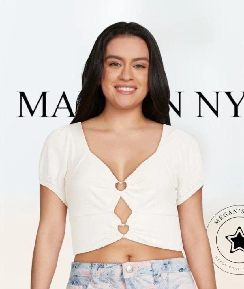 White Madden NYC Gold Heart O-Ring Puff Sleeve Top Women's Size S - Image 2