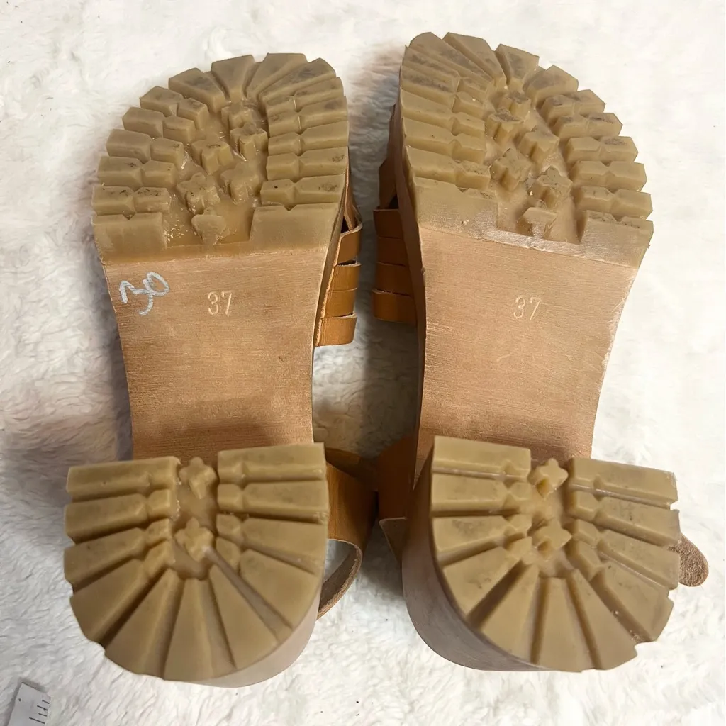 Swedish Hasbeens Rutan Tan Leather & Wood Ankle Strap Lug Sole Sandals Size 7 - Image 13