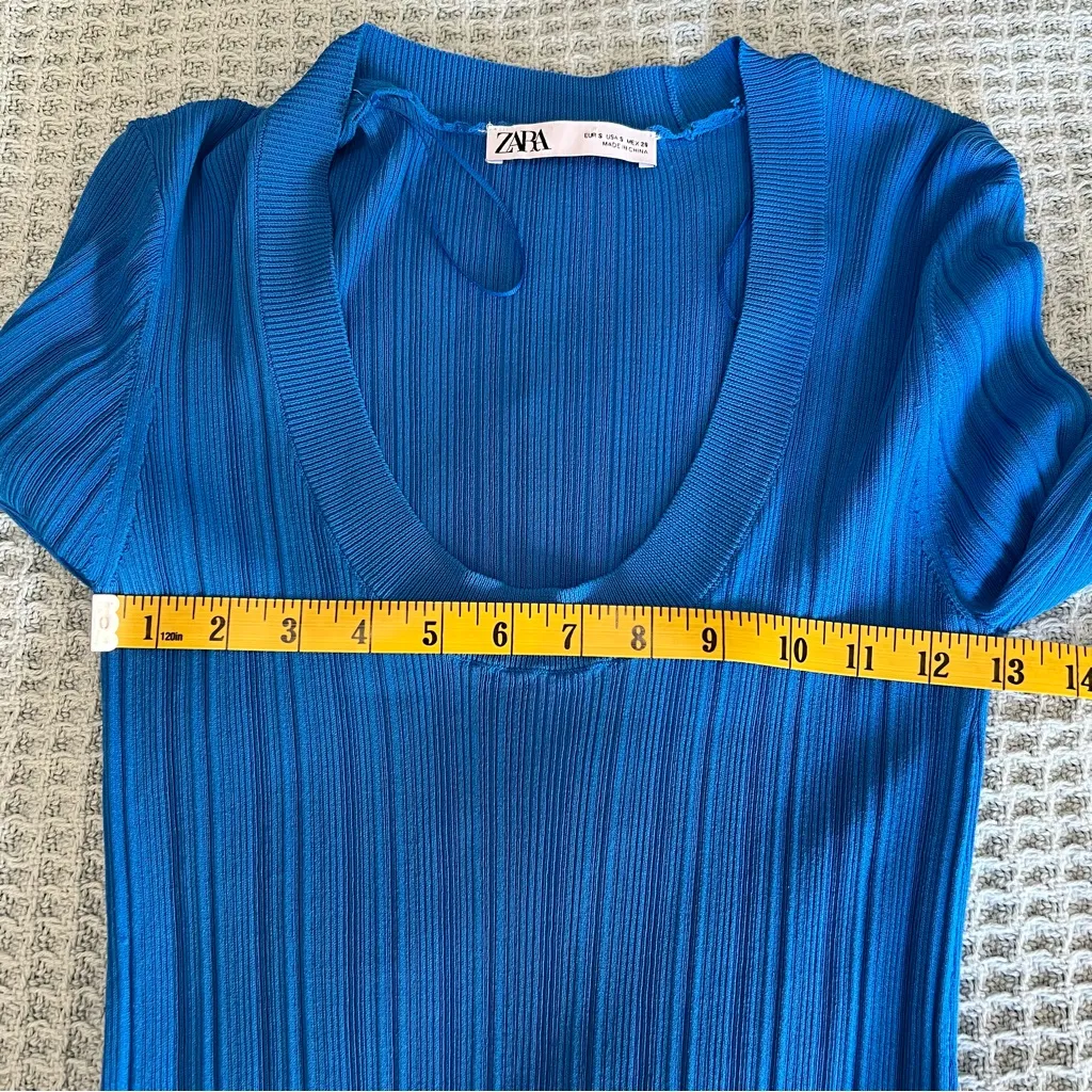 Zara Ribbed Shirt Top Tunic Womens Small Blue Scoop Neck Dress Blouse Bodycon - Image 5