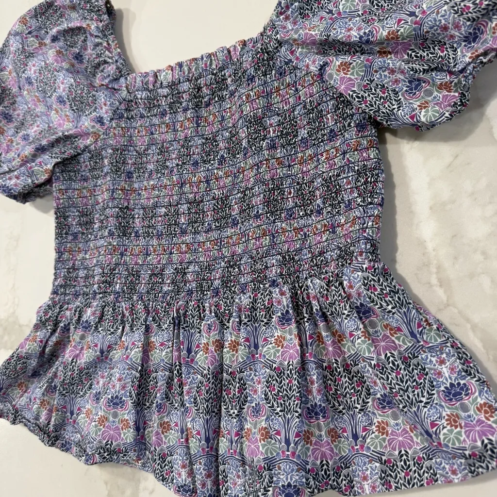J. Crew Smocked Square-Neck Floral Peplum Top Puff Sleeve Womens Medium Purple - Image 3