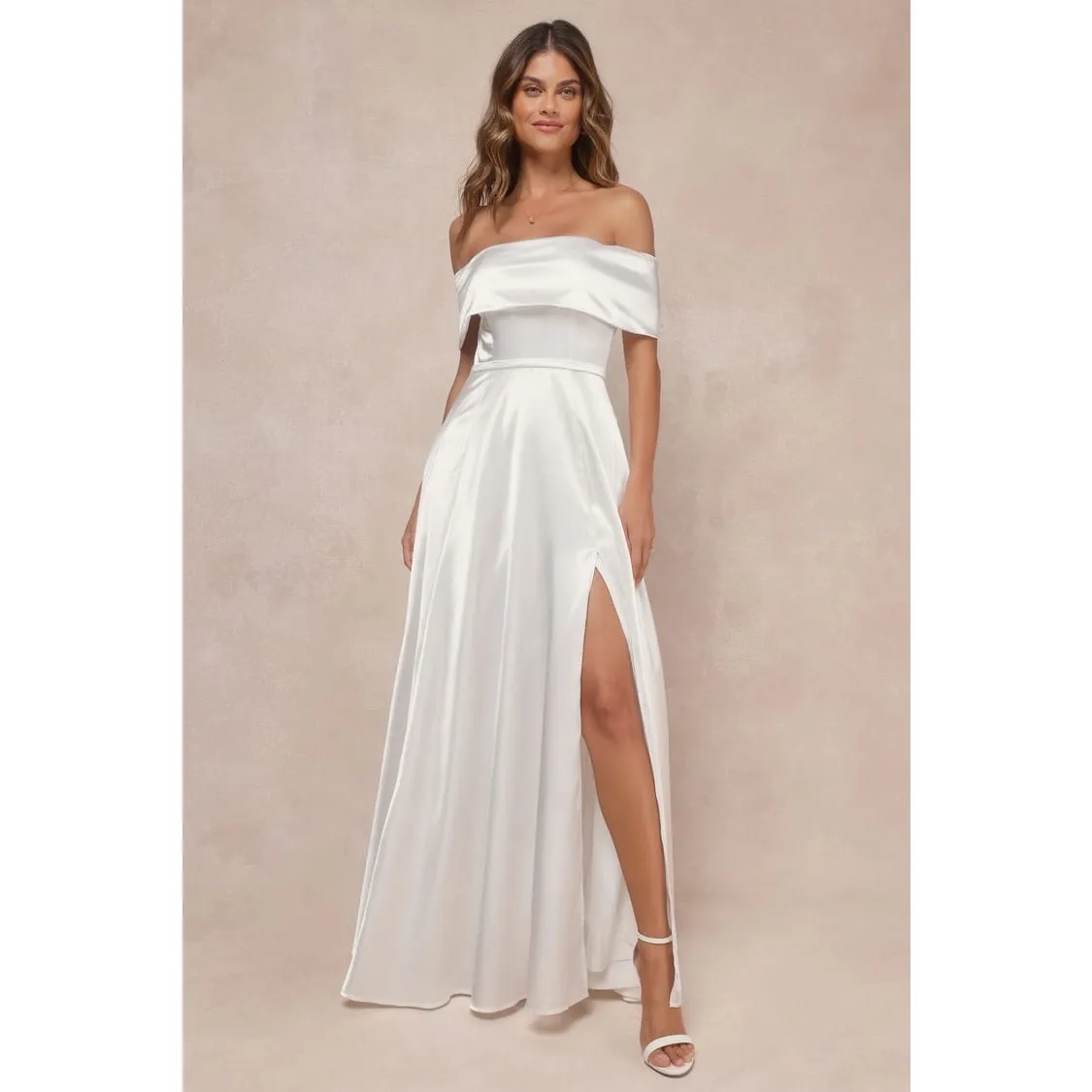 NWT Lulus Greatest Hits White Satin Off-the-Shoulder Maxi Dress Bridal Wedding S - Image 3
