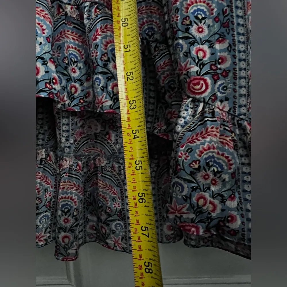 MIKAEL AGHAL Ruffle Trim Floral Print Burnout Georgette Maxi Dress long sleeve Blue Size 6 - Image 9